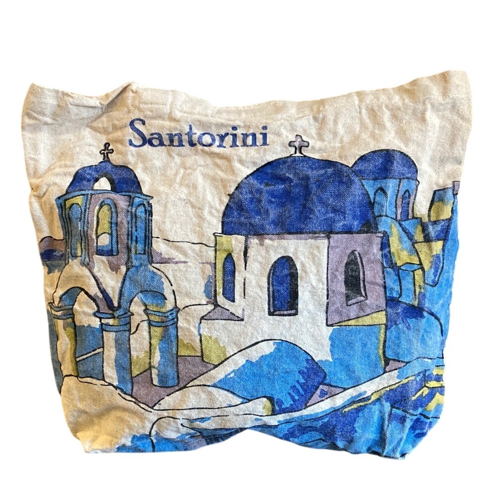 Santorini Themed  Cotton Tote Bag Watercolor Illustration Greek Island Landscape